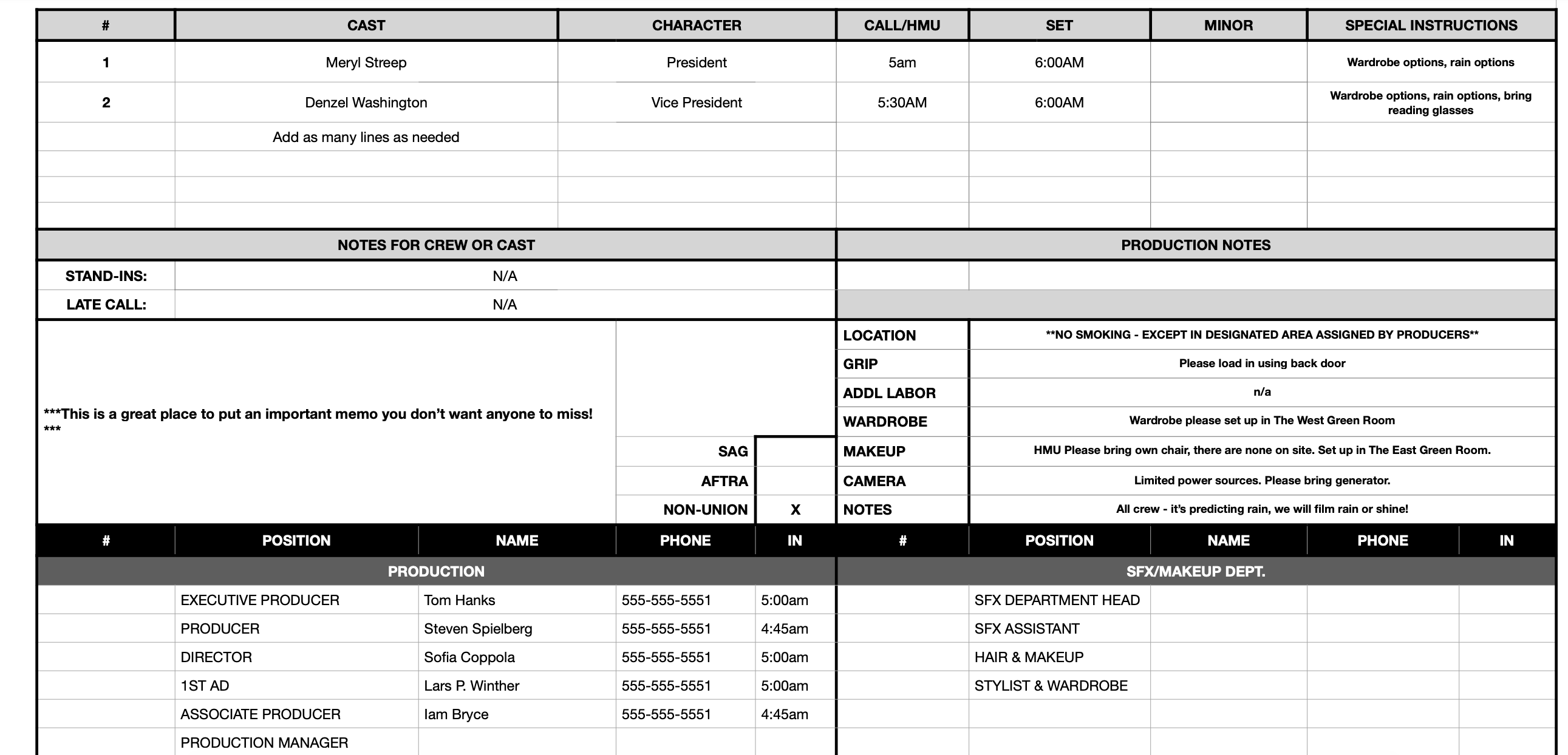 Free film call sheet template