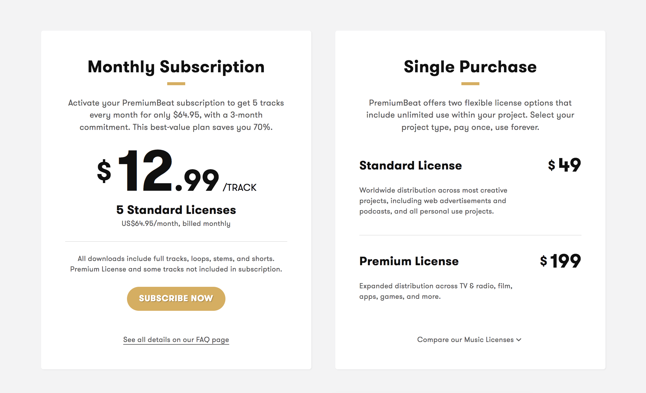 PremiumBeat pricing page