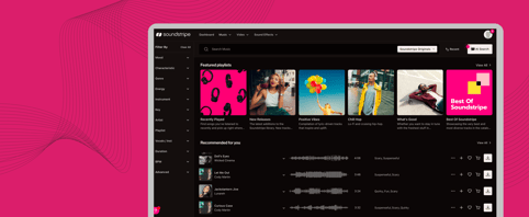 The homepage of the Soundstripe app with dark mode enabled.