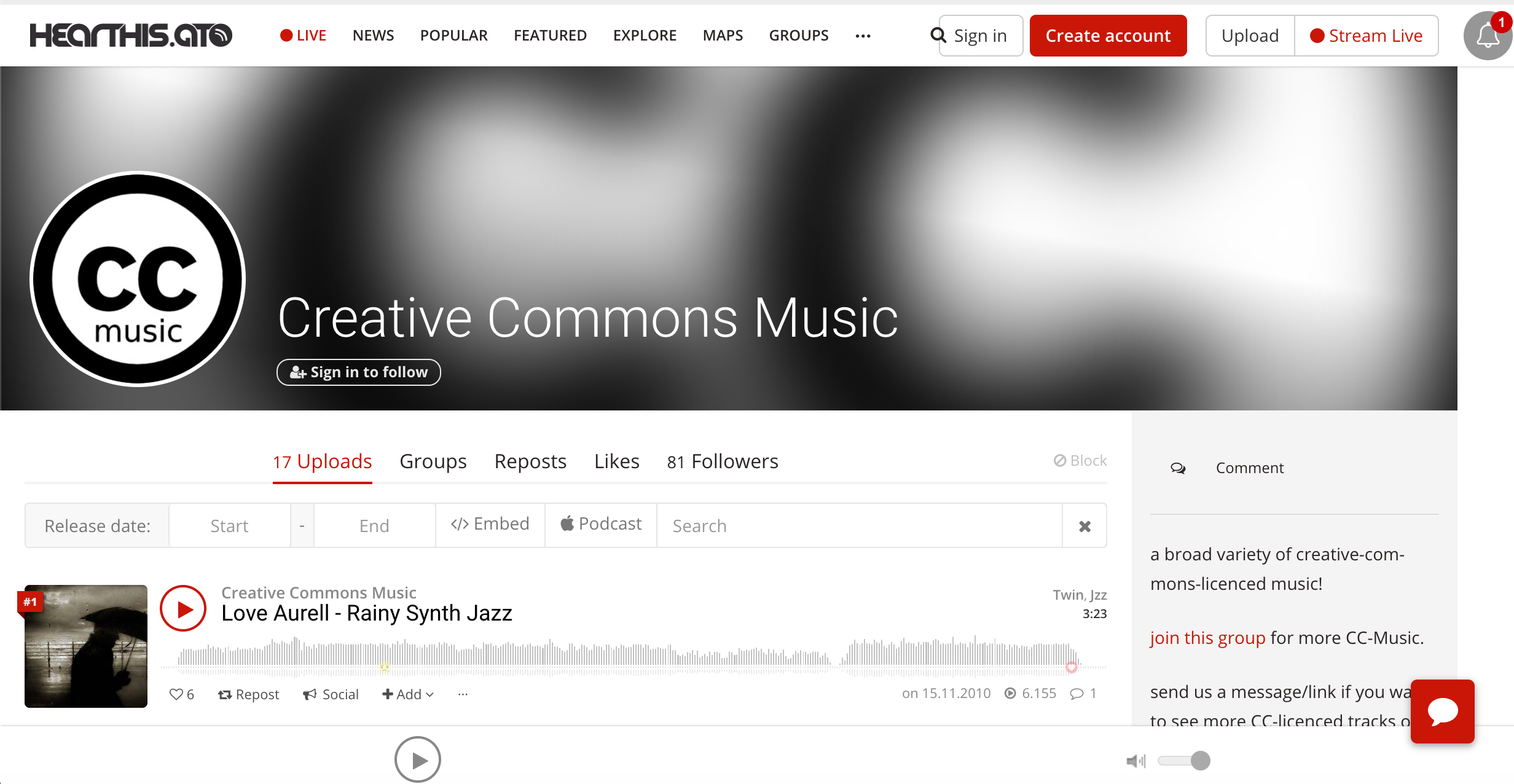 HearThis home page with Creative Commons music license