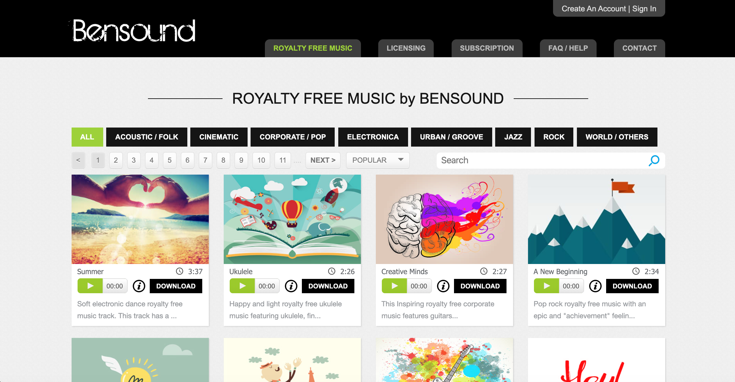 Royalty Free Music homepage for Bensound