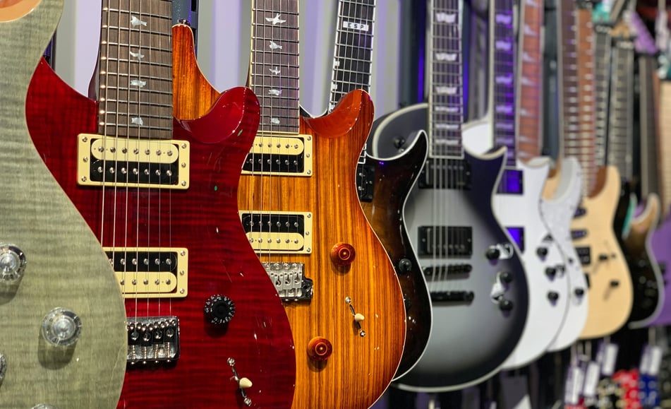 Colorful guitars lined up