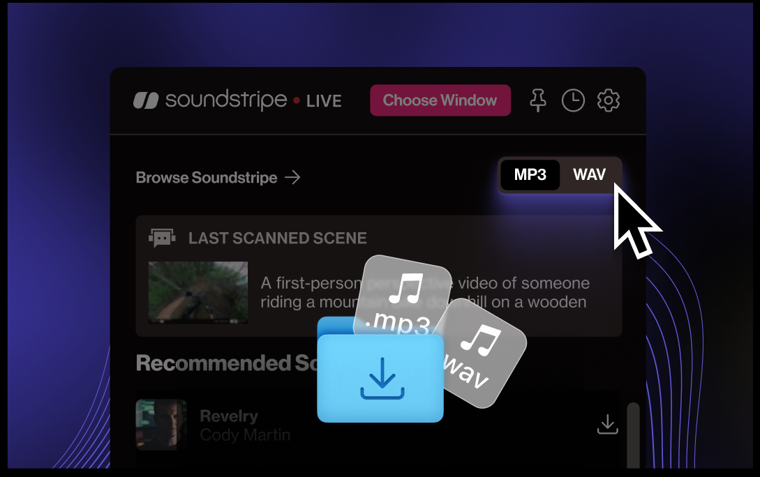MP3, WAV, and stem download options in Soundstripe LIVE.
