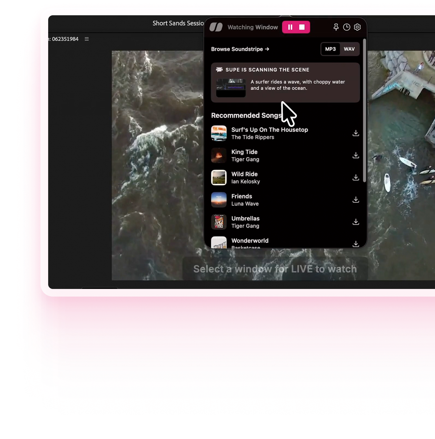 Soundstripe LIVE recommends music while watching an editing window.