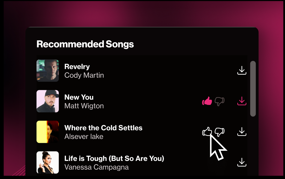 Thumbs up and down controls refine song recommendations.