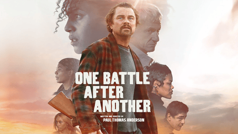A movie poster shows the main cast from the film One Battle After Another which may have the most iconic and best Jonny Greenwood soundtracks.