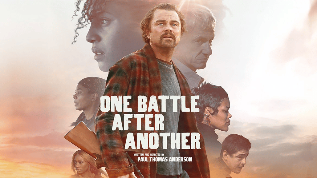A movie poster shows the main cast from the film One Battle After Another which may have the most iconic and best Jonny Greenwood soundtracks.