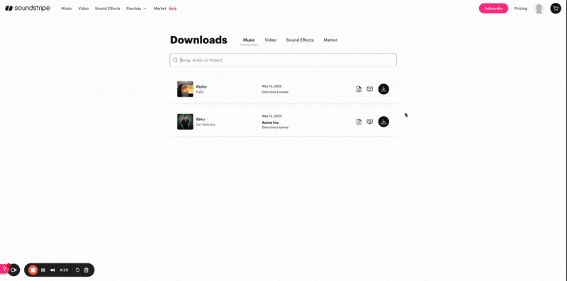 Instructional gif showing single-use licensing download in Soundstripe