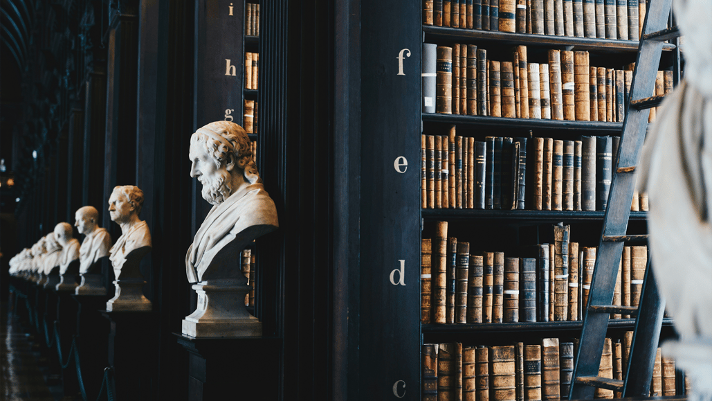 A library with stone busts and shelves of books about the importance of indemnity.