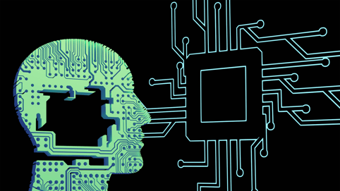 A digital drawing of person's head connected to a circuit board represents the AI - Human connection in the Sora social app