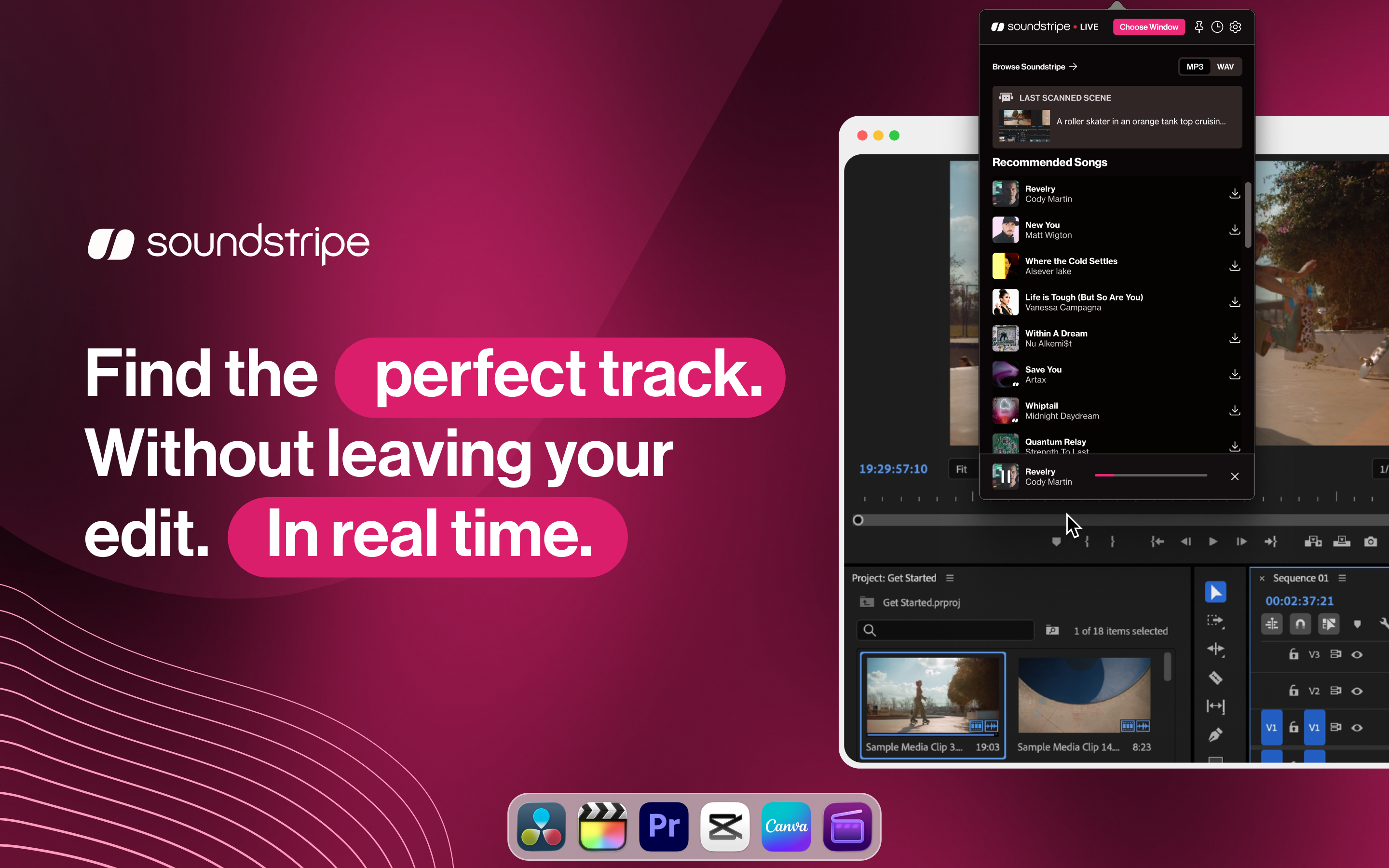 Soundstripe LIVE running alongside Premiere Pro, suggesting tracks in real time as you edit.