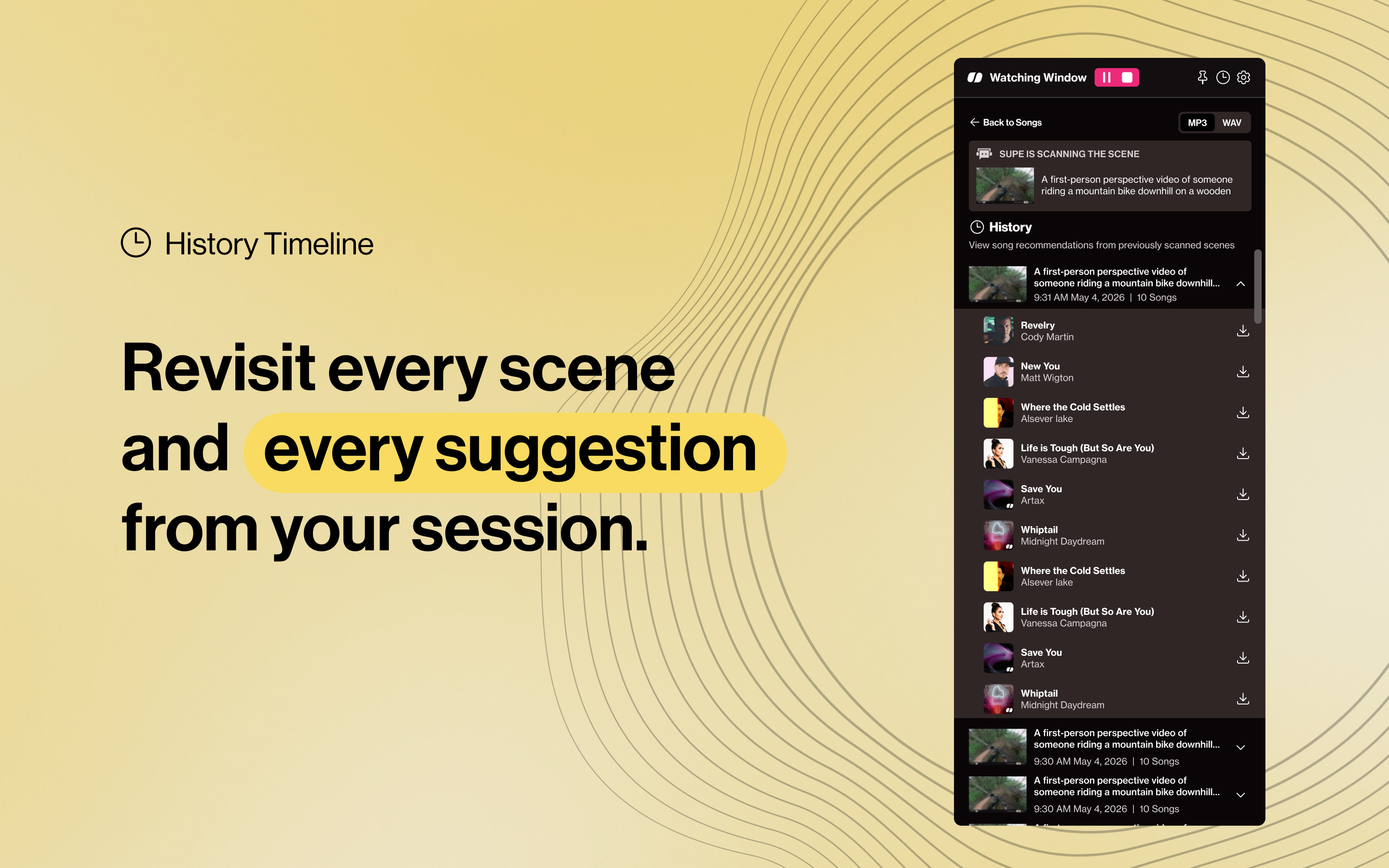 History timeline — revisit every scene and every suggestion from your session.