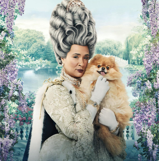 Bridgerton's Queen Charlotte poses with her dog. Bridgerton acquired music synchronization rights from Soundstripe.